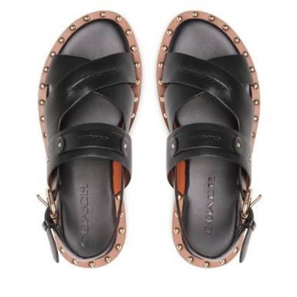 Coach Gemma Sandals Black and Tan Sandals with Gold Accents